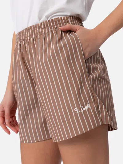 Mc2 Saint Barth Woman Cotton Striped Pull Up Shorts Meave In Brown