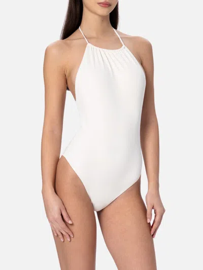 Mc2 Saint Barth Woman Cream Halter Neck One Piece Swimsuit In White