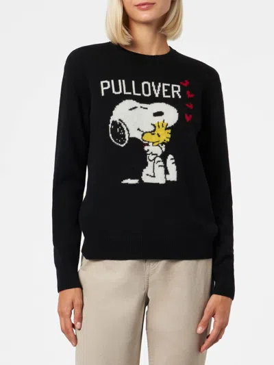 Mc2 Saint Barth Woman Crewneck Black Sweater With Snoopy And Woodstock Print Snoopy Peanuts Special Edition