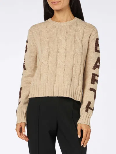 Mc2 Saint Barth Woman Crewneck Braided Sweater With Saint Barth Lurex Print In Brown