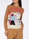 Mc2 Saint Barth Woman Crewneck Brown Sweater With Les Alpes Embroidery In Brown