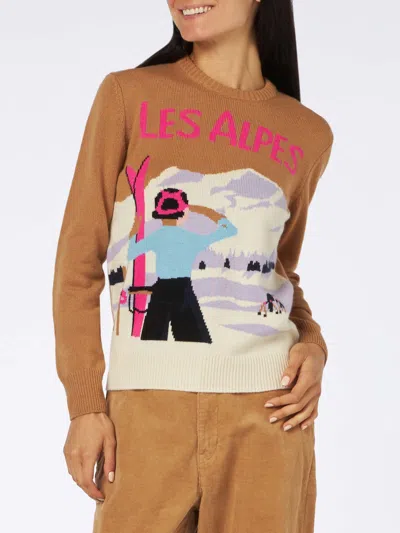 Mc2 Saint Barth Woman Crewneck Brown Sweater With Les Alpes Embroidery