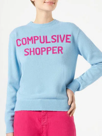 Mc2 Saint Barth Woman Crewneck Light Blue Sweater With Compulsive Shopper Print In Sky