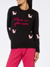 Mc2 Saint Barth Woman Crewneck Soft Sweater With Cats Crochet Patch And Volevo Un Gatto Nero Embroidery In Black