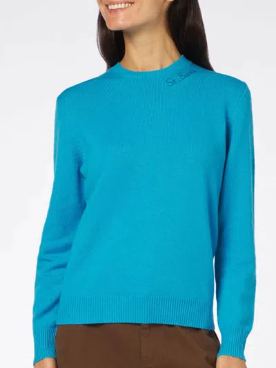 Mc2 Saint Barth Woman Crewneck Turquoise Sweater With St. Barth Embroidery In Sky