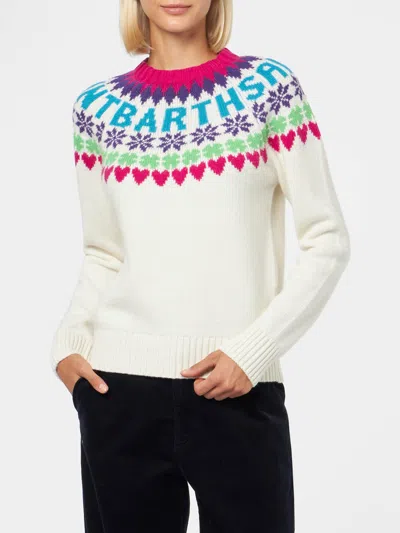 Mc2 Saint Barth Woman Crewneck White Sweater With Fair Isle Heart Print