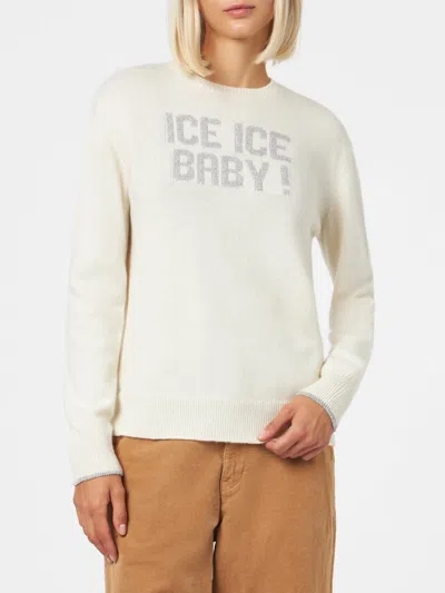 Mc2 Saint Barth Woman Crewneck White Sweater With Ice Ice Baby Print