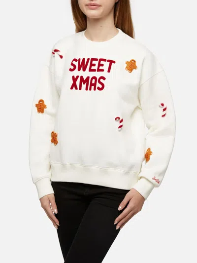 Mc2 Saint Barth Woman Fleeced Cotton Sweatshirt Stardust With Ginger Cane Patches In White