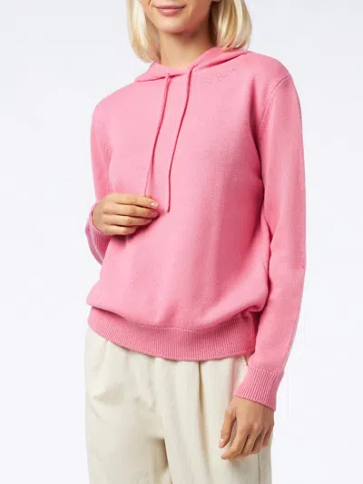 Mc2 Saint Barth Woman Fuchsia Knitted Hoodie With St. Barth Embroidery In Pink