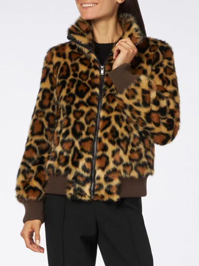 Mc2 Saint Barth Woman Furry Short Jacket With Animalier Heart Print In Brown