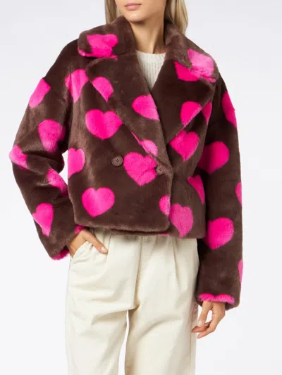 Mc2 Saint Barth Woman Furry Short Jacket With Heart Print In Brown