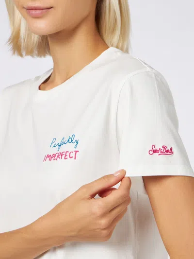 Mc2 Saint Barth Woman Heavy Cotton T-shirt With Perfectly Imperfect Embroidery In White