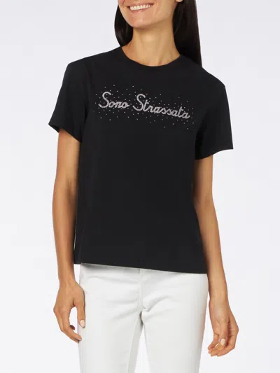 Mc2 Saint Barth Woman Heavy Cotton T-shirt With Sono Strassata Rhinestones Print In Black