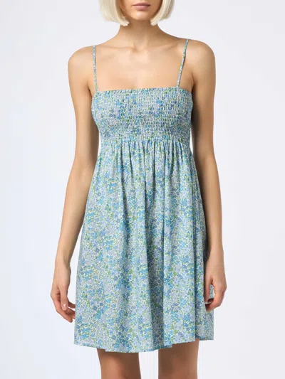 Mc2 Saint Barth Woman Joanna Luise Cotton Dress Hawa With Smocked Embroidery Made With Liberty Fabric In Sky