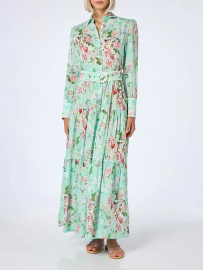 Mc2 Saint Barth Woman Linen Dress Marbella With Flower Print In Green