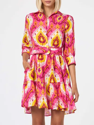 Mc2 Saint Barth Woman Linen Short Dress Daisy With Ikat Print In Pink
