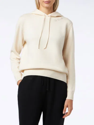 Mc2 Saint Barth Woman Off White Knitted Hoodie With St. Barth Embroidery