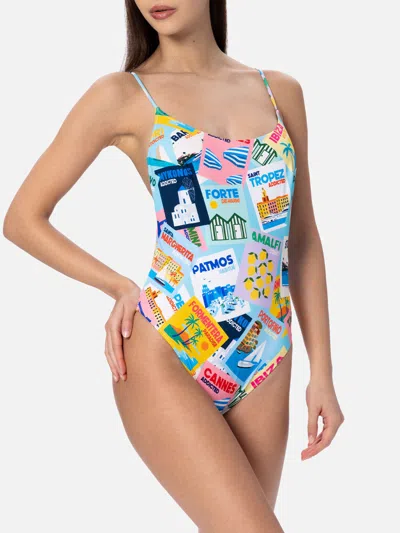 Mc2 Saint Barth Woman One-piece Swimsuit Cecille With Postcards Print In Blue
