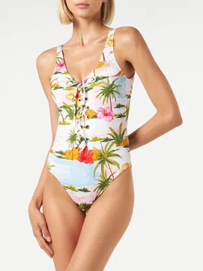 Mc2 Saint Barth Woman One-piece Swimsuit With Tropical Print In White
