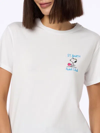 Mc2 Saint Barth Woman Pink Cotton Jersey Crewneck T-shirt Emilie With Snoopy St. Barth Padel Club Embroidery Snoopy  In White
