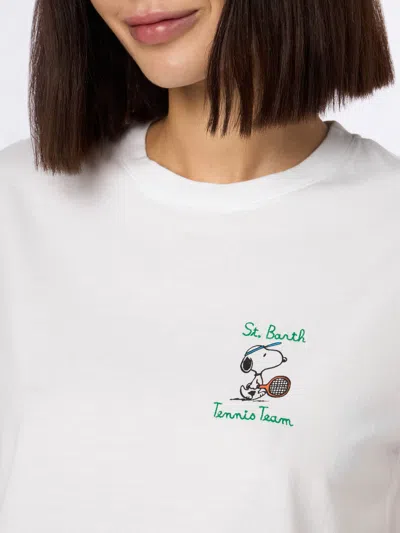 Mc2 Saint Barth Woman Pink Cotton Jersey Crewneck T-shirt Emilie With Snoopy St. Barth Tennis Team Embroidery Snoopy In White