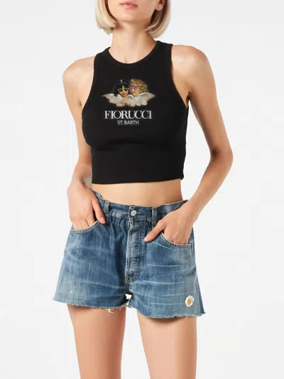 Mc2 Saint Barth Woman Rib-knit Cotton Crop Tank With Fiorucci Print Fiorucci Special Edition In Black