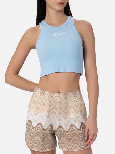 Mc2 Saint Barth Woman Rib-knit Cotton Crop Tank With Saint Barth Beach Club Embroidery In Sky