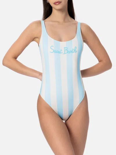 Mc2 Saint Barth Woman Scoopback One Piece Swimsuit Lora With Striped Print In Sky