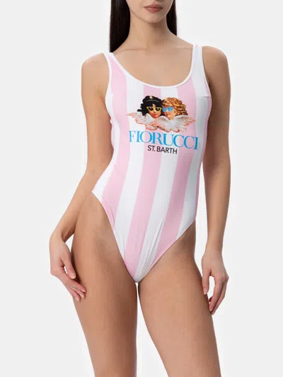 Mc2 Saint Barth Woman Scoopback Striped Print One-piece Swimsuit Fiorucci Special Edition In Pink