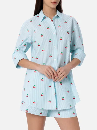 Mc2 Saint Barth Woman Seersucker Cotton Shirt Brigitte With Cherry Patches In Green