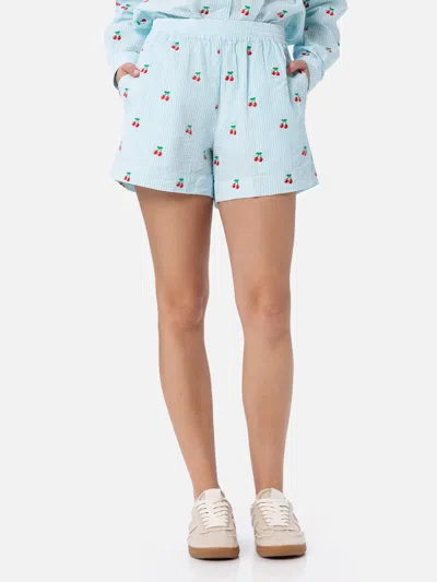 Mc2 Saint Barth Woman Seersucker Striped Pull Up Shorts Meave With Cherry Patches In Green