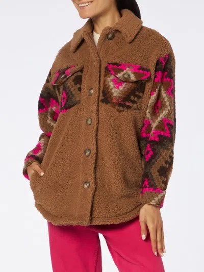 Mc2 Saint Barth Woman Sherpa Overshirt With Ethnic Print In Brown