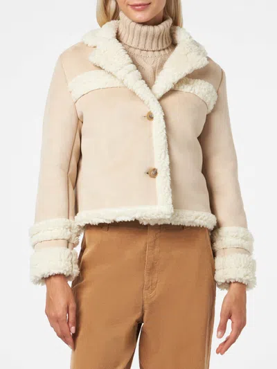 Mc2 Saint Barth Woman Short Shearling-like Jacket In Beige