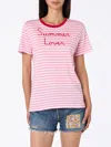 Mc2 Saint Barth Woman Striped Cotton Jersey Crewneck T-shirt Emiilie With Summer Lover Embroidery In Pink