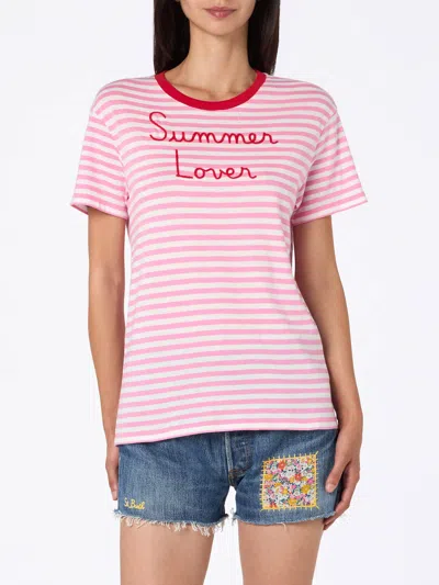 Mc2 Saint Barth Woman Striped Cotton Jersey Crewneck T-shirt Emiilie With Summer Lover Embroidery In Pink