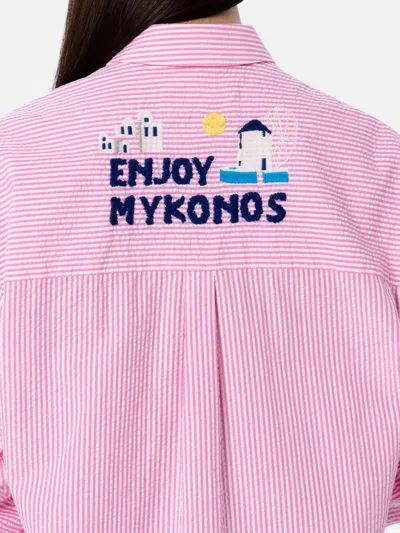 Mc2 Saint Barth Woman Striped Seeruscker Cotton Over Shirt Brigitte With Front And Back Mykonos Embroidery In Pink