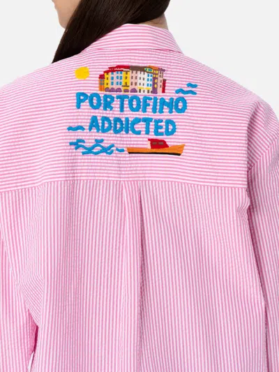 Mc2 Saint Barth Woman Striped Seeruscker Cotton Over Shirt Brigitte With Front And Back Portofino Embroidery In Pink