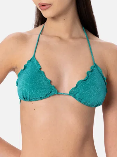 Mc2 Saint Barth Woman Teal Lurex Classic Triangle Beach Top Sagittarius In Green