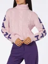 Mc2 Saint Barth Woman Turtleneck Braided Sweater With Saint Barth Jacquard Print In Pink