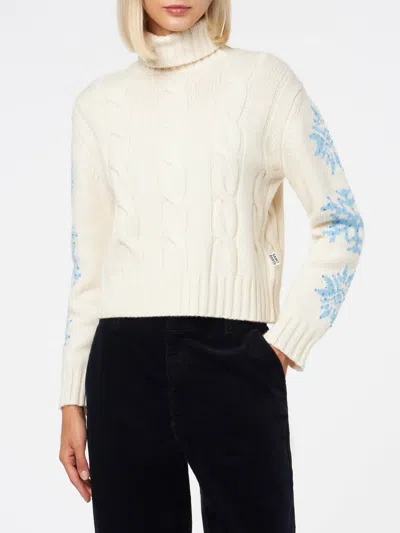 Mc2 Saint Barth Woman Turtleneck Braided Sweater With Snowflake Rhinestones In White