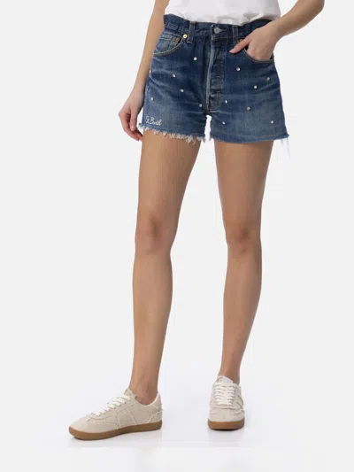 Mc2 Saint Barth Woman Upcycled Denim Shorts With Rhinestones In Blue