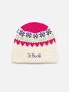 Mc2 Saint Barth Woman White Beanie With Fair Isle Heart Print In White