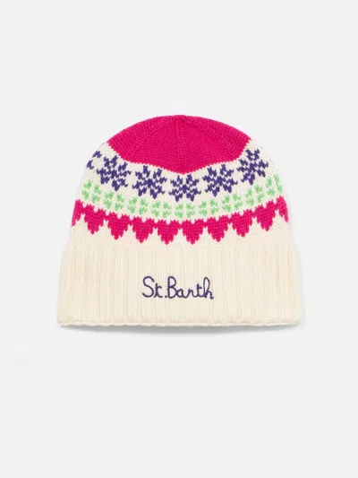 Mc2 Saint Barth Woman White Beanie With Fair Isle Heart Print