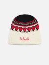 Mc2 Saint Barth Woman White Beanie With Fair Isle Heart Print In White