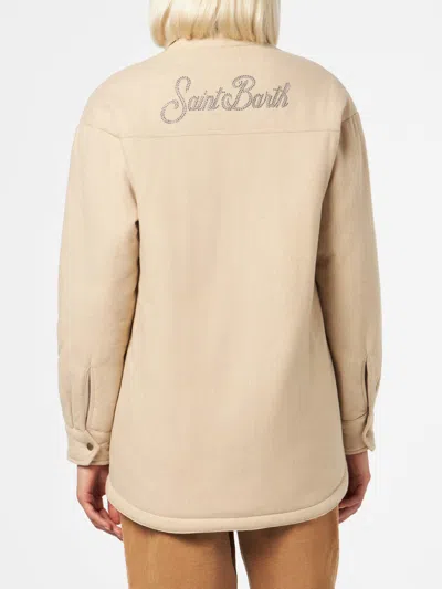 Mc2 Saint Barth Woman Wooly Jacket With Saint Barth Rhinestones Print In Brown