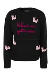 Mc2 Saint Barth Woman Crewneck Soft Sweater With Cats Crochet Patch And Volevo Un Gatto Nero Embroidery In Black