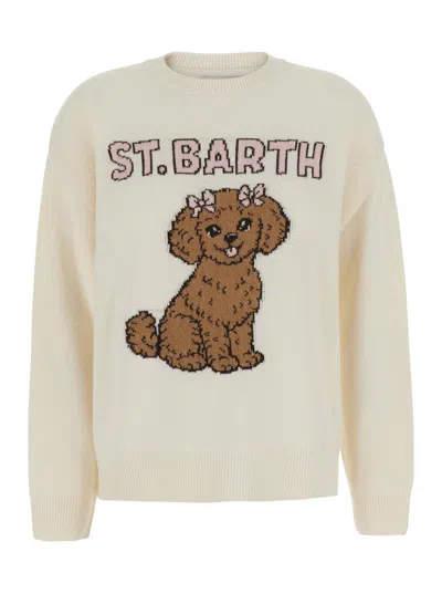Mc2 Saint Barth Women's Poodle Patch Mini Sweater With Round Neck And Long Sleeves In White