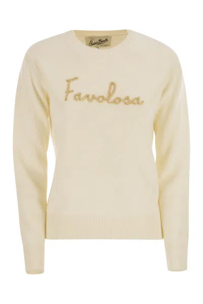 Mc2 Saint Barth Wool And Alpaca Blend Jumper With Favolosa Embroidery In Neutral