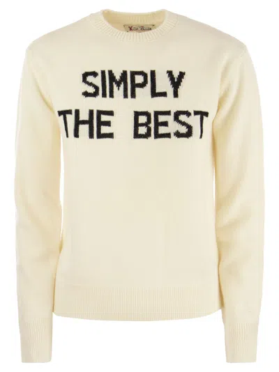 Mc2 Saint Barth Woman Crewneck White Sweater With Simply The Best Lurex Print Niki Dj Special Edition