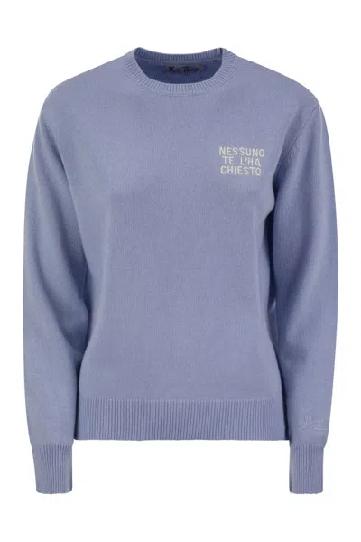 MC2 SAINT BARTH MC2 SAINT BARTH WOOL AND CASHMERE BLEND SWEATER WITH EMBROIDERY NESSUNO TE L'HA CHIESTO